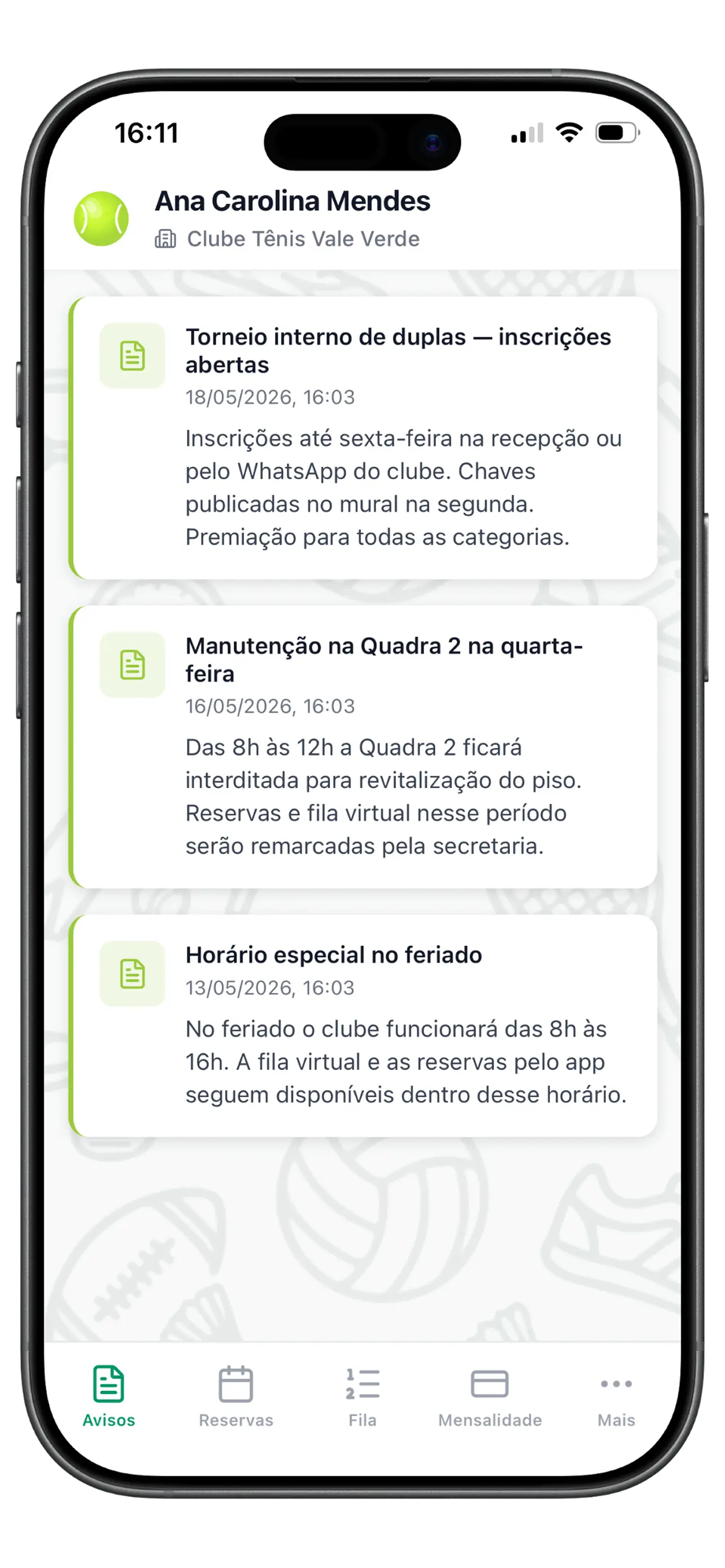 Avisos do clube no app Clubevia
