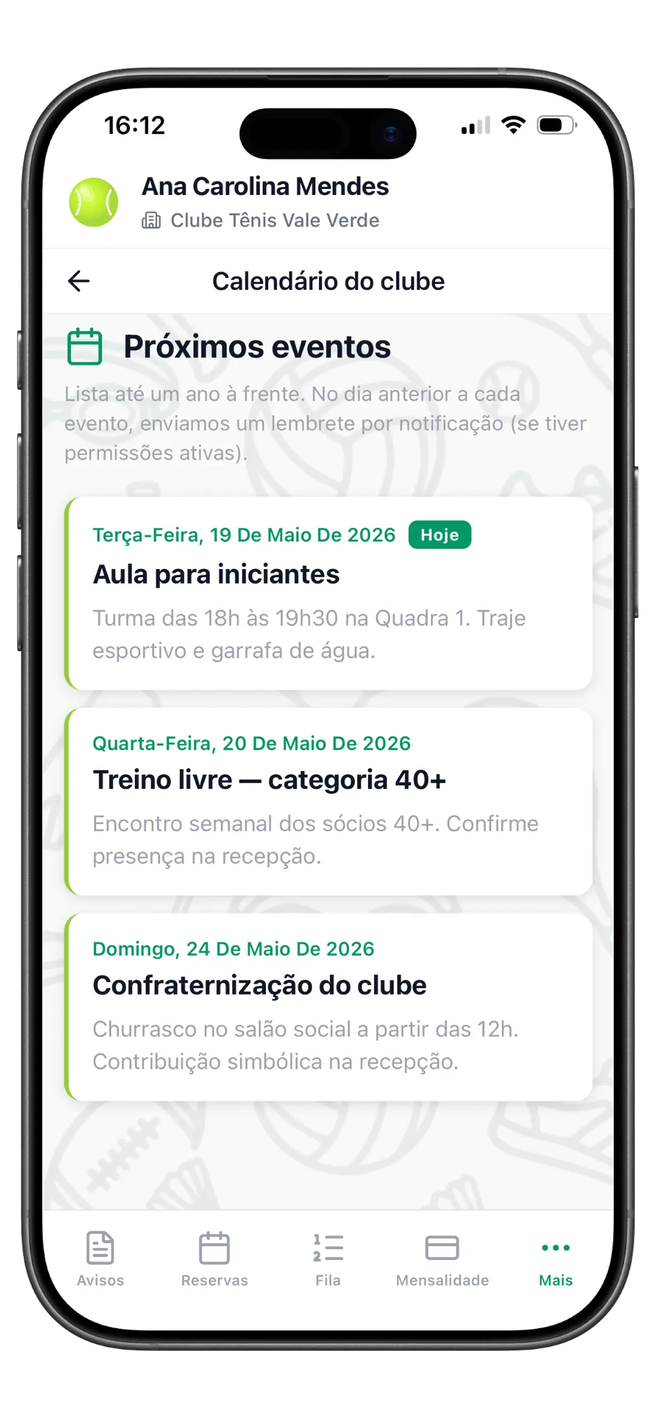 Calendário do clube no app Clubevia com próximos eventos