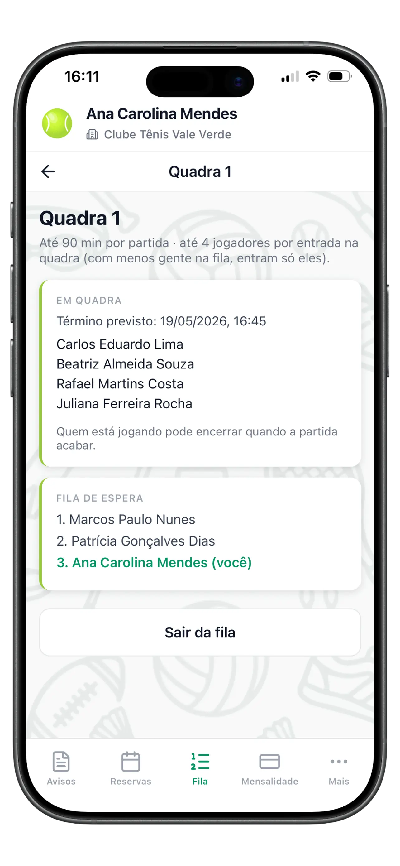 Fila virtual na Quadra 1: partida em andamento e posição na espera