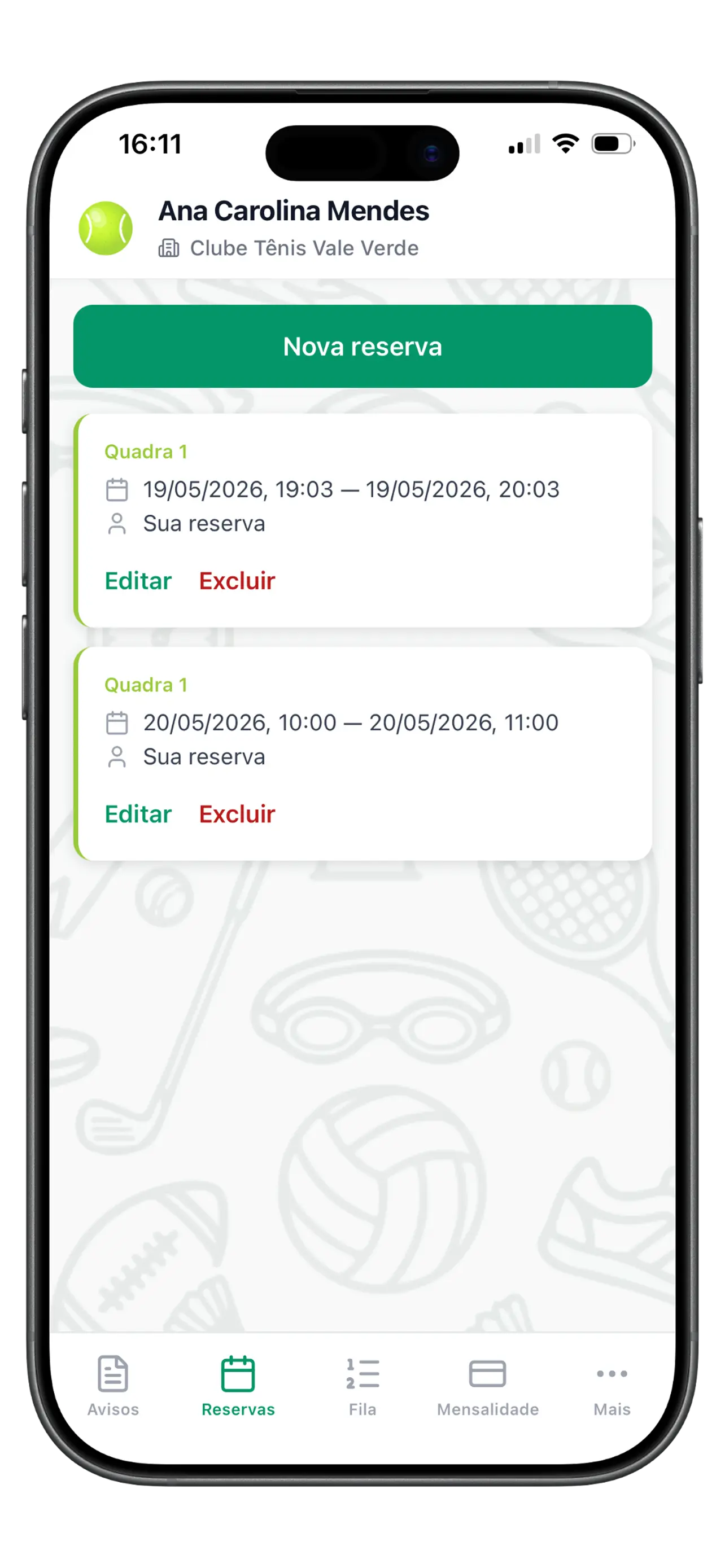 Nova reserva no app Clubevia: local, data e hora